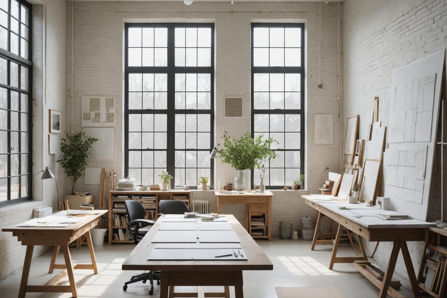 Studio interior with long oak drafting tables, paper drawings and morning light from clerestory windows