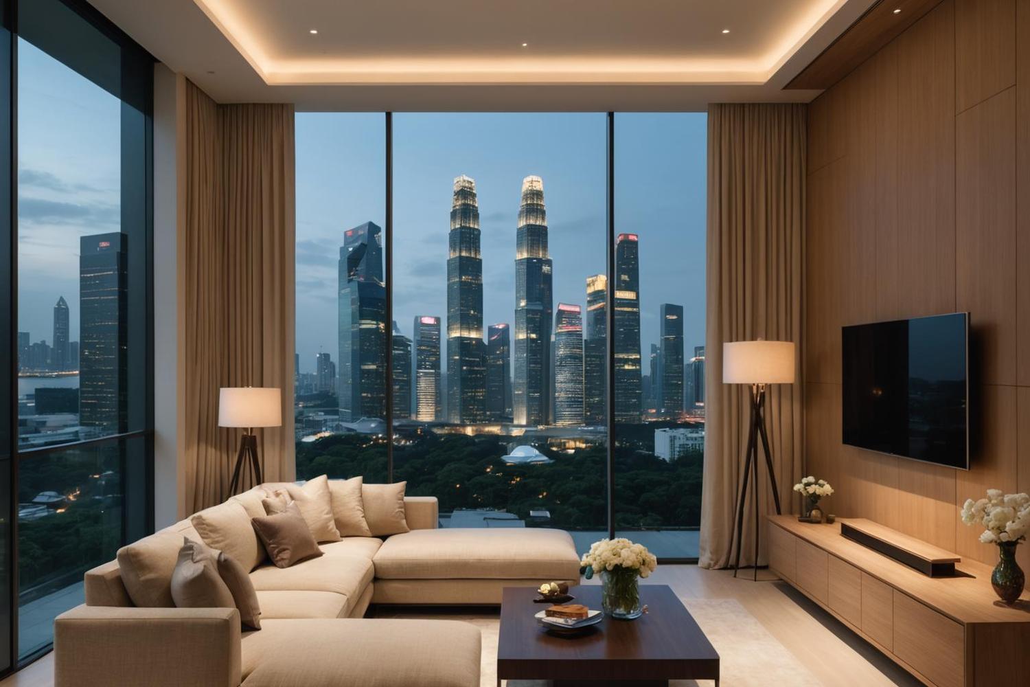 Living room with travertine floor, plaster walls and a custom timber media wall in a Singapore penthouse