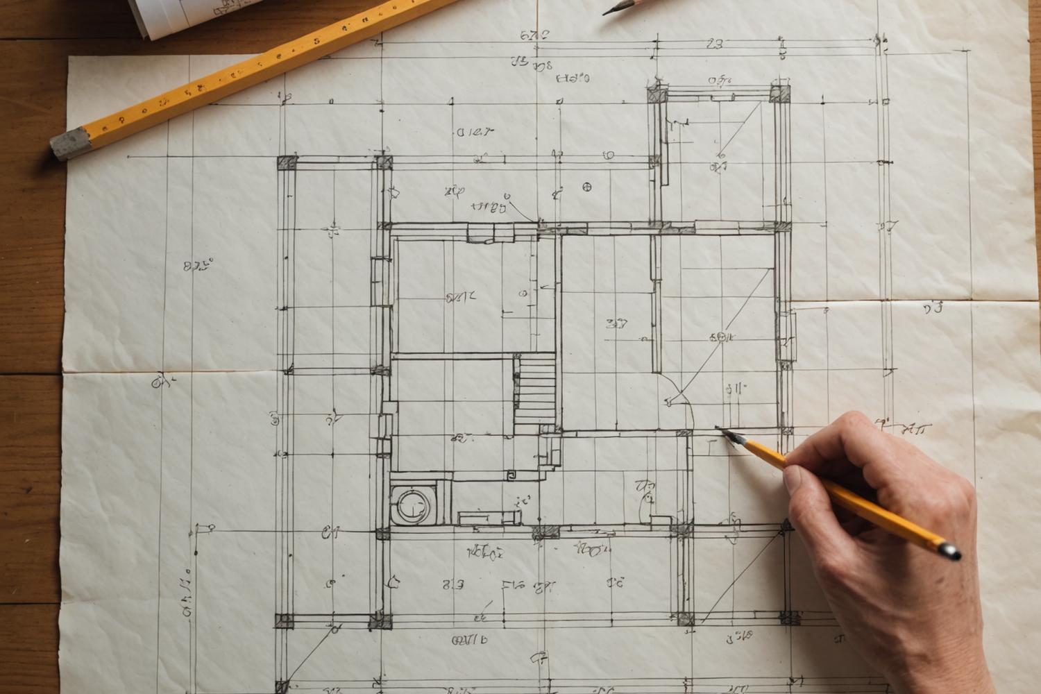Hand-sketched floor plan with pencil annotations on tracing paper