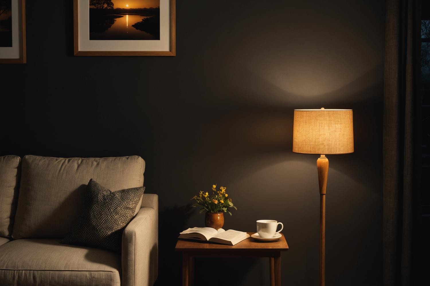 Warm dimmed living room lit by a single timber-shaded floor lamp