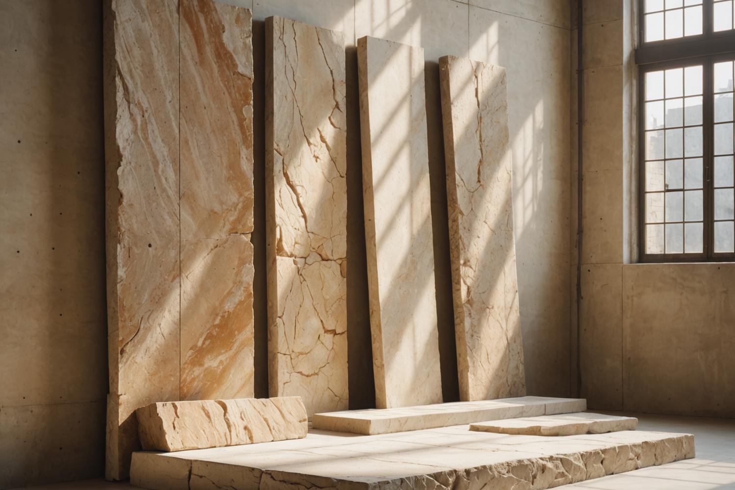 Selection of natural stone slabs in a warehouse