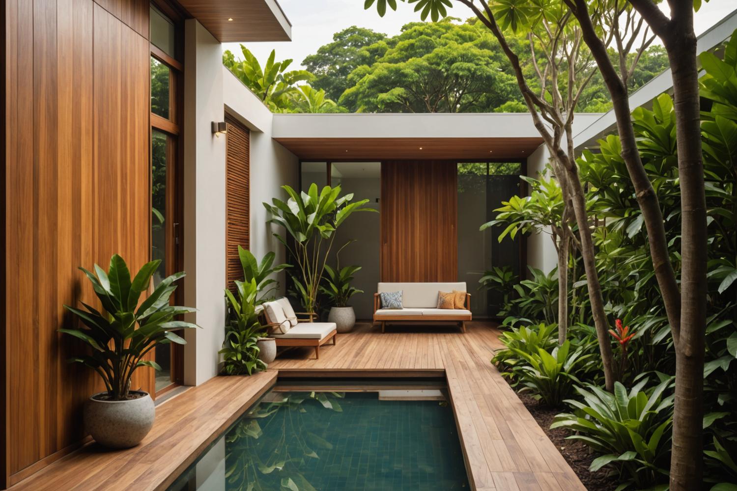 Open courtyard of a tropical bungalow with timber screens and reflecting pool