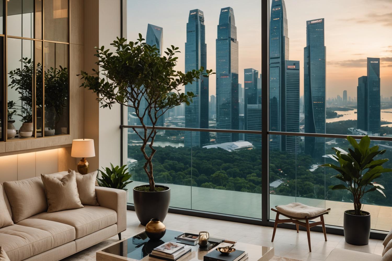 Penthouse living room overlooking the Singapore skyline at dusk