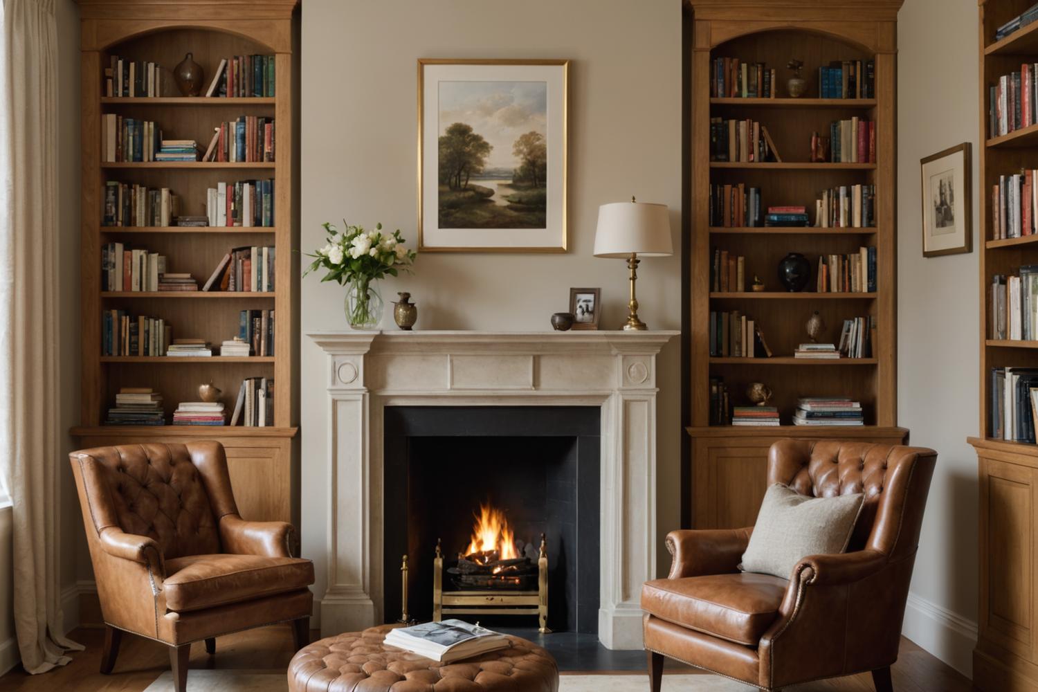 Orchard Road residence reading nook with limestone fireplace and oak built-ins