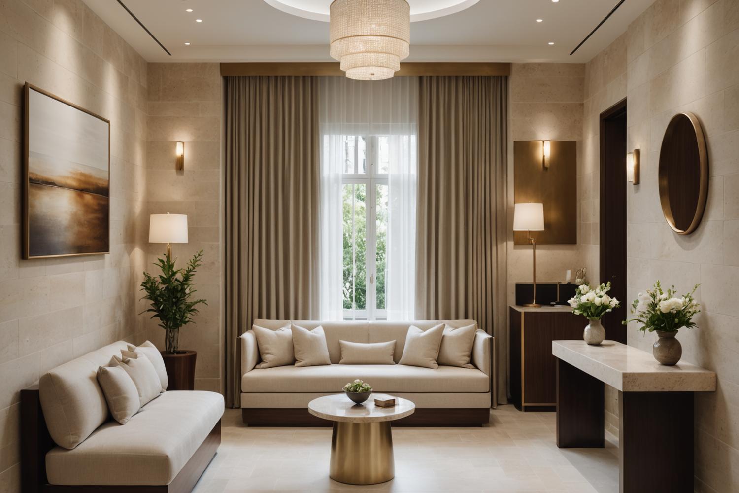 Private dental clinic waiting room with travertine bench and curtained alcoves