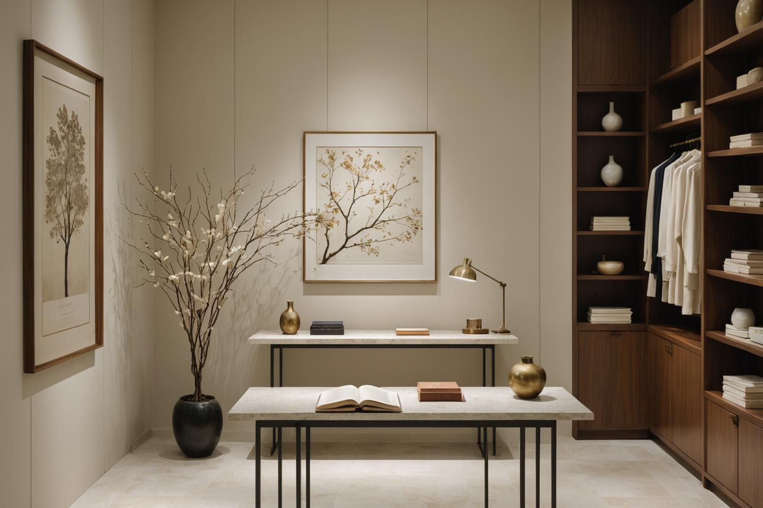 Soft-lit boutique atelier interior with limewash walls and brass fittings