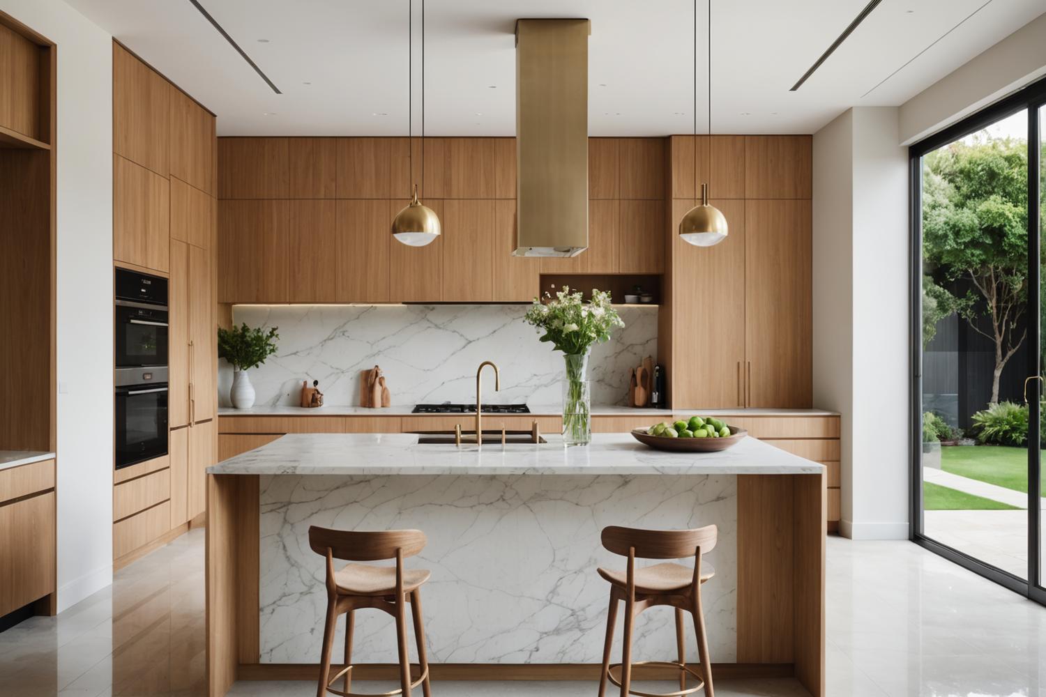 Open-plan kitchen and dining of a Toorak villa with marble island and oak cabinetry