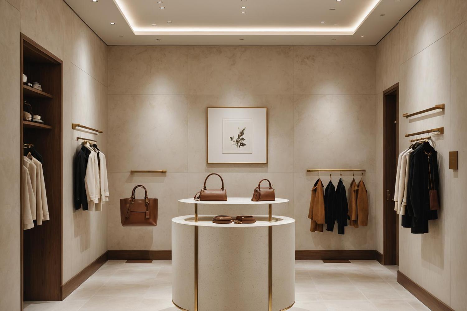Boutique retail interior with limewashed walls, brushed brass fittings and walnut display plinths