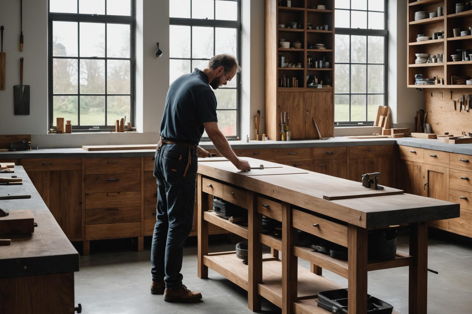 Carpenter hand-finishing a bespoke walnut cabinet inside a furniture workshop