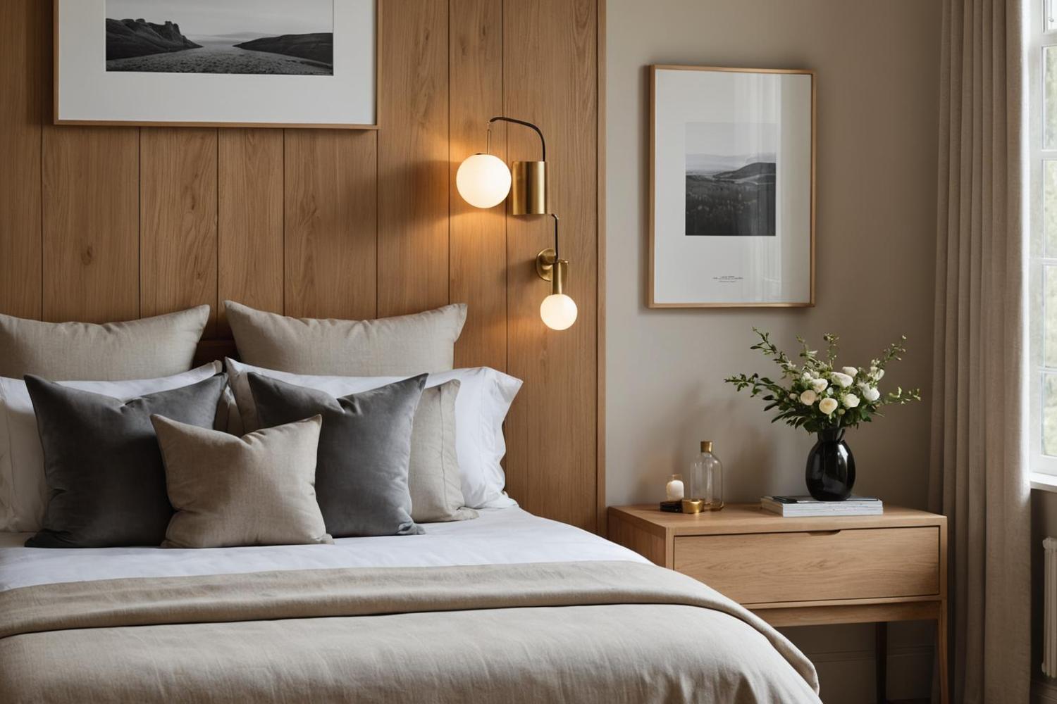 Residential bedroom with linen drapes, panelled walls and a custom oak headboard